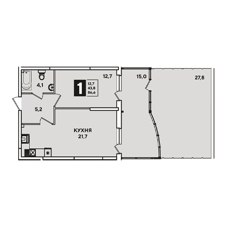 1 комнатная 86.6м²