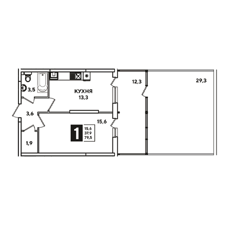 1 комнатная 79.5м²