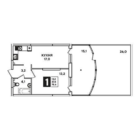 1 комнатная 78.6м²