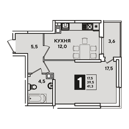 1 комнатная 41.3м²