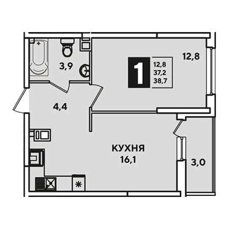 1 комнатная 38.7м²