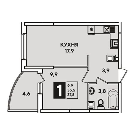 1 комнатная 37.8м²