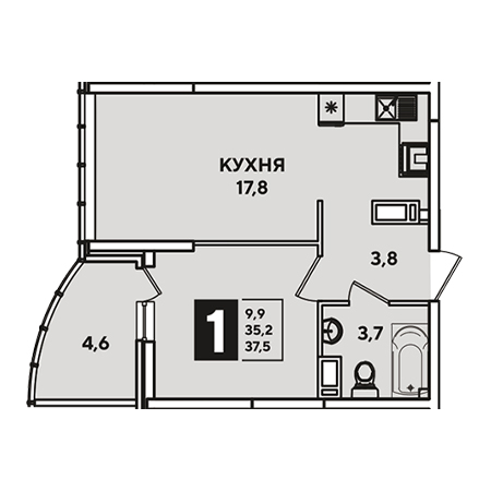 1 комнатная 37.5м²