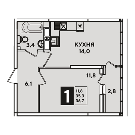 1 комнатная 36.7м²