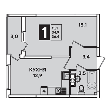 1 комнатная 36.4м²