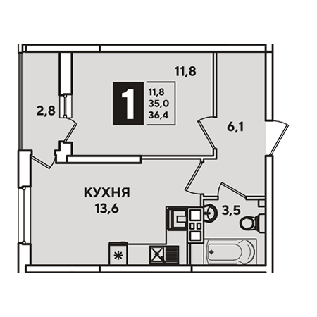 1 комнатная 36.4м²