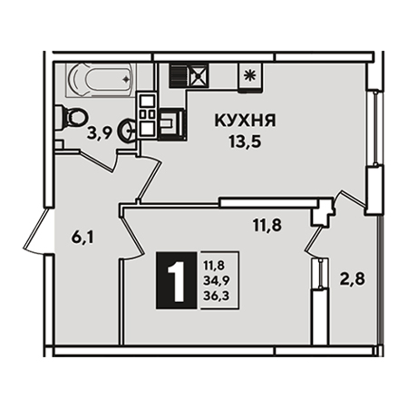 1 комнатная 36.3м²