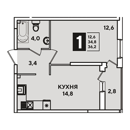 1 комнатная 36.2м²