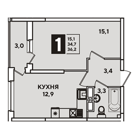 1 комнатная 36.2м²