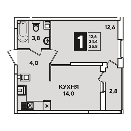 1 комнатная 35.8м²