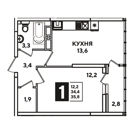 1 комнатная 35.8м²