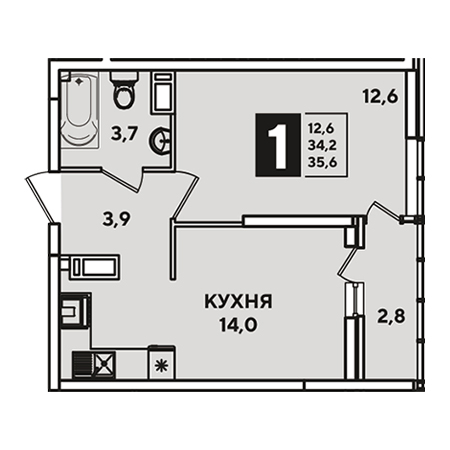 1 комнатная 35.6м²