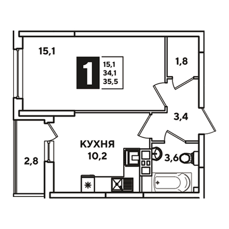 1 комнатная 35.5м²