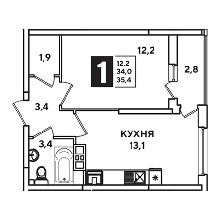 1 комнатная 35.4м²