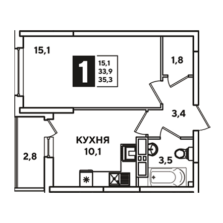 1 комнатная 35.3м²