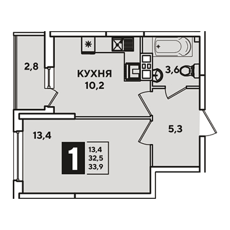 1 комнатная 33.9м²