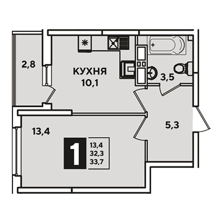 1 комнатная 33.7м²