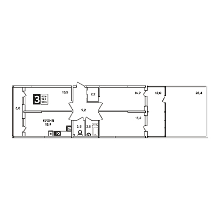 3 комнатная 121.6м²