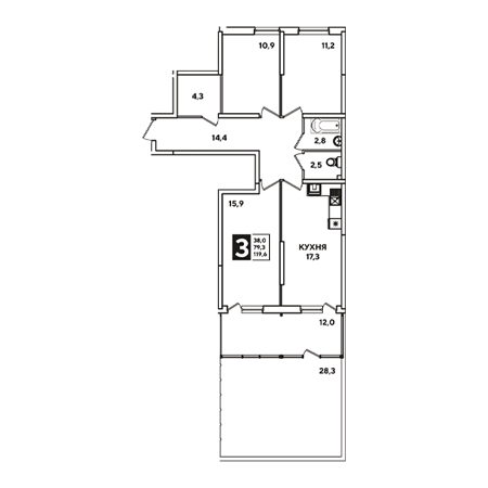 3 комнатная 119.6м²