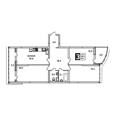 3 комнатная 86.1м²