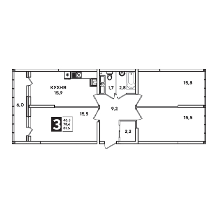 3 комнатная 81.6м²