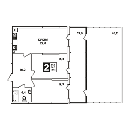 2 комнатная 127.6м²