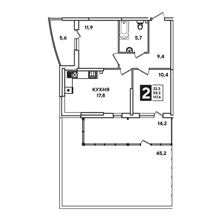 2 комнатная 117.6м²