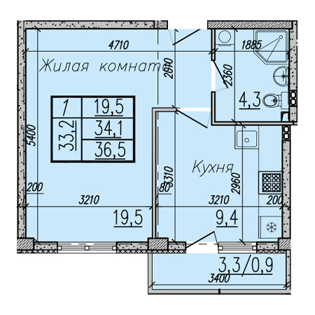 1 комнатная 36.5м²