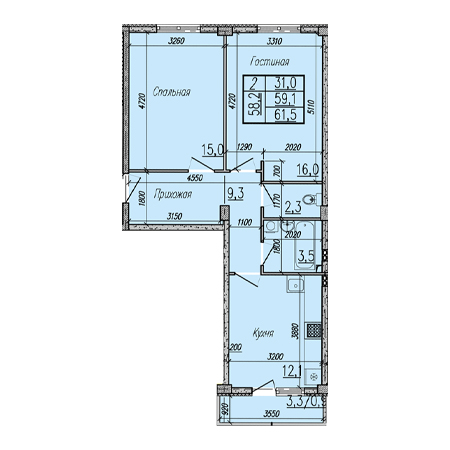 2 комнатная 61.5м²