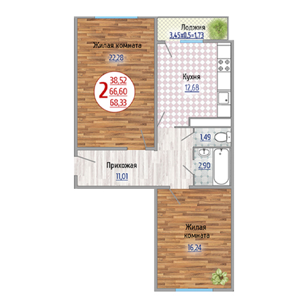 2 комнатная 68.33м²