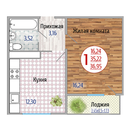 1 комнатная 36.95м²