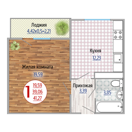 1 комнатная 41.27м²