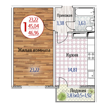 1 комнатная 46.96м²