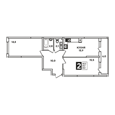 2 комнатная 64.1м²