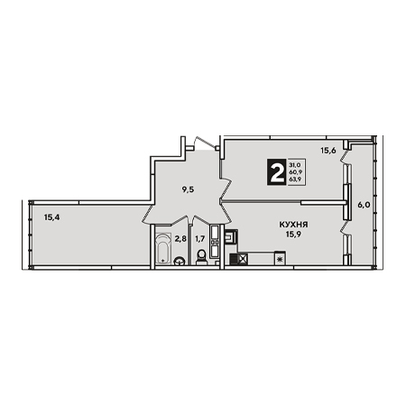 2 комнатная 63.9м²