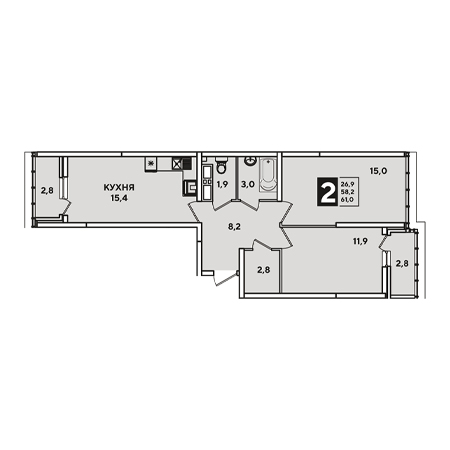 2 комнатная 61м²