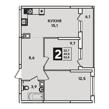 2 комнатная 52.8м²