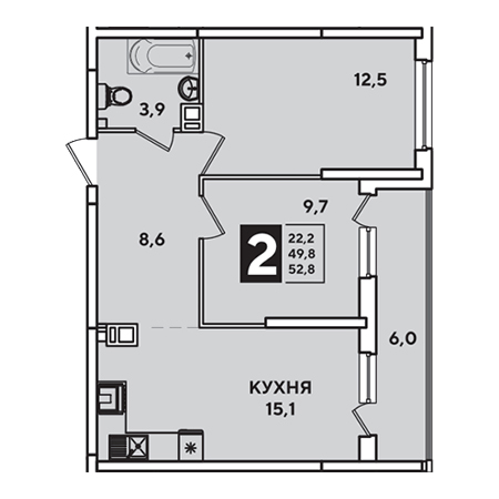 2 комнатная 52.8м²