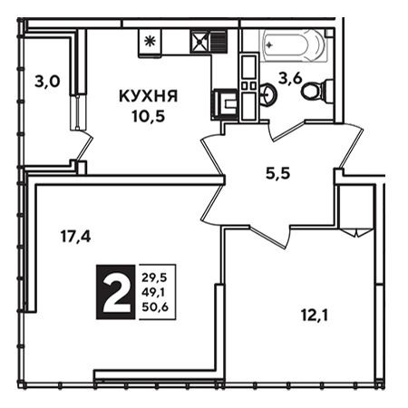 2 комнатная 50.6м²