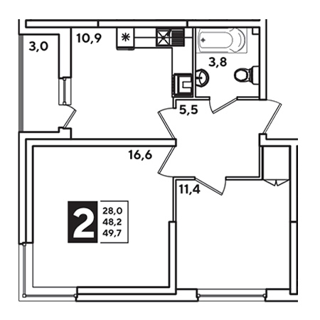 2 комнатная 49.7м²