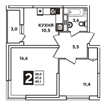 2 комнатная 49.1м²