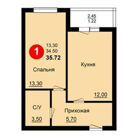 1 комнатная 35.72м²