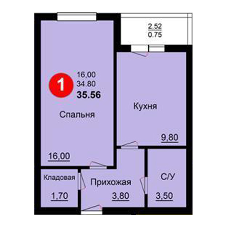 1 комнатная 35.56м²