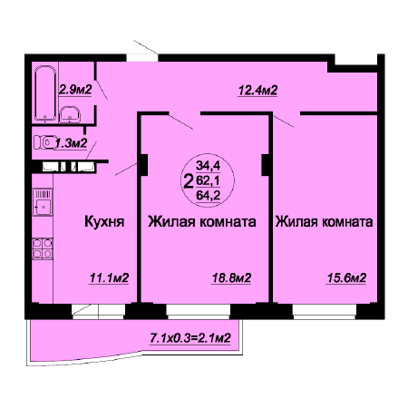 2 комнатная 64.2м²