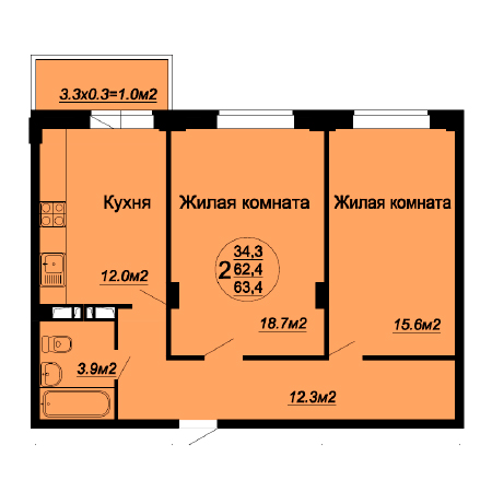 2 комнатная 63.4м²