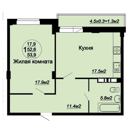 1 комнатная 53.9м²