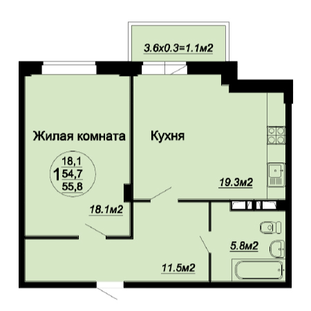 1 комнатная 55.8м²