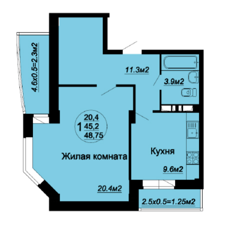 1 комнатная 48.75м²