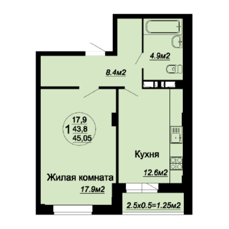 1 комнатная 45.05м²