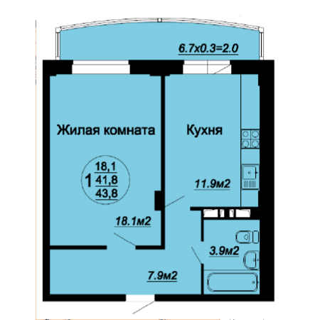 1 комнатная 43.8м²